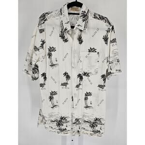 Vintage St Kitts Mens Sz XL Short Sleeve Button Up Collared Shirt White Black